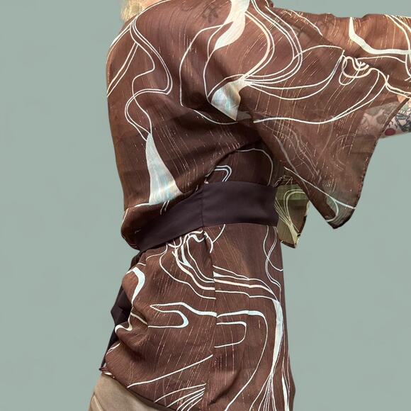 70s y2k retro brown and teal sheer top with tie back waist Elementz wmns sz med - Picture 2 of 7